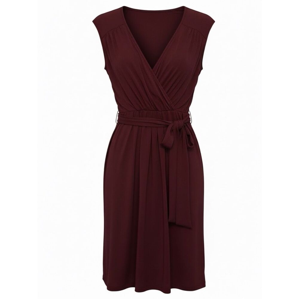 PHILOSOPHY Burgundy Faux Wrap Dress With Tie  Belt Size Small